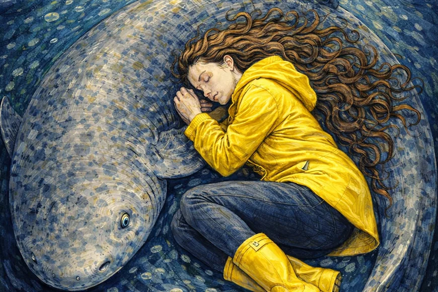 Il·lustració on es veu la Júlia dormint abraçada a un tauró.
